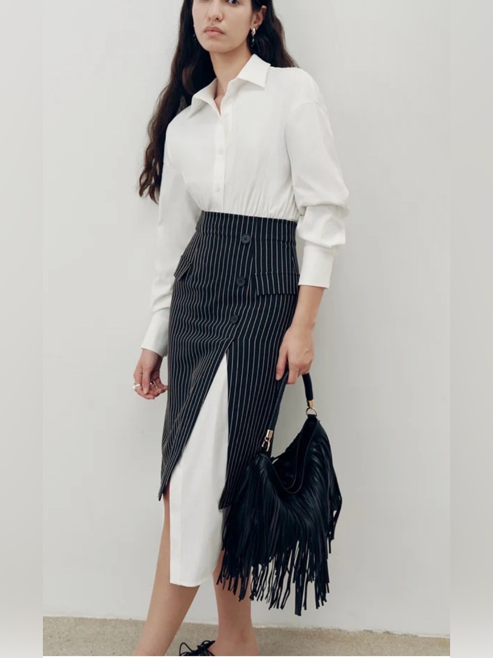 NWT Commense Black Pinstripe Split Pencil Skirt with White Underlay Dress (SET)